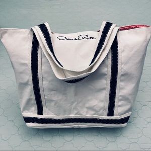 Oscar de la Renta White Cotton Canvas Tote Bag with Navy Straps & Pink Interior
